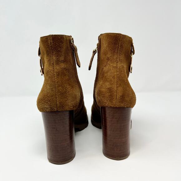 Tory Burch Sofia 85mm Lug Sole Suede Gold Hardware Logo Stacked Heel Bootie US 8 - Picture 7 of 10